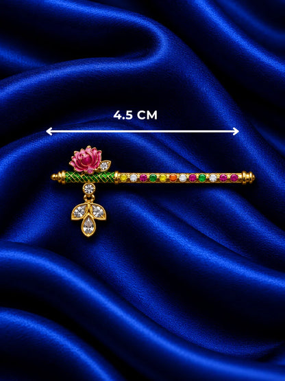  Lotus Ratna AD Bansuri for Deity with elegant lotus-inspired detailing and sparkling AD work. A beautiful shringar flute for Laddu Gopal and Krishna Ji.

