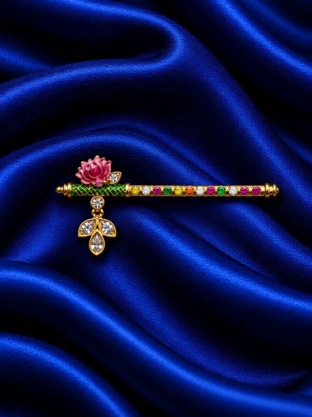  Lotus Ratna AD Bansuri for Deity with elegant lotus-inspired detailing and sparkling AD work. A beautiful shringar flute for Laddu Gopal and Krishna Ji.
