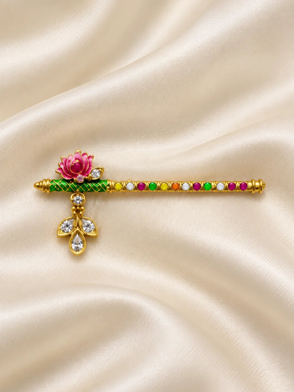  Lotus Ratna AD Bansuri for Deity with elegant lotus-inspired detailing and sparkling AD work. A beautiful shringar flute for Laddu Gopal and Krishna Ji.
