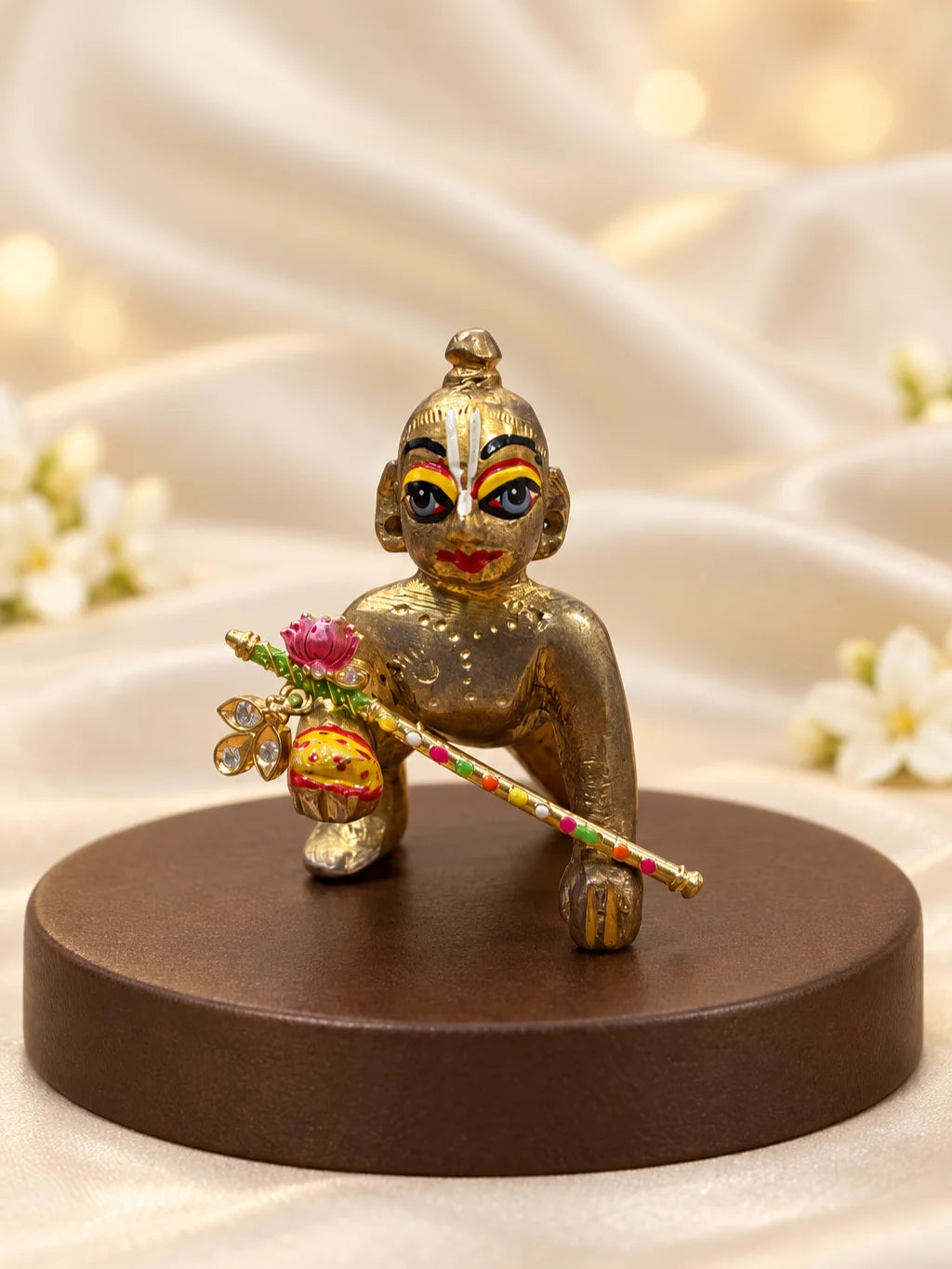  Lotus Ratna AD Bansuri for Deity with elegant lotus-inspired detailing and sparkling AD work. A beautiful shringar flute for Laddu Gopal and Krishna Ji.
