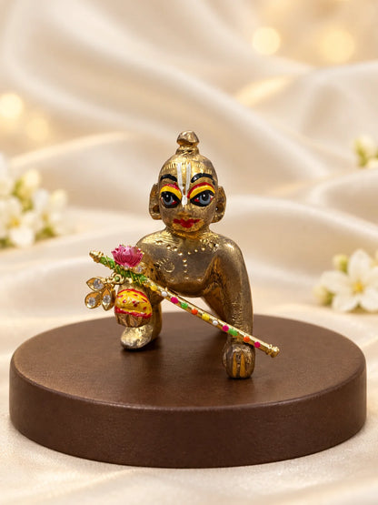  Lotus Ratna AD Bansuri for Deity with elegant lotus-inspired detailing and sparkling AD work. A beautiful shringar flute for Laddu Gopal and Krishna Ji.
