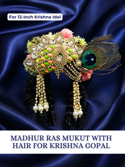 Madhur Ras Mukut with Hair for Krishna Gopal featuring a royal crown and ready-styled hair for complete deity shringar