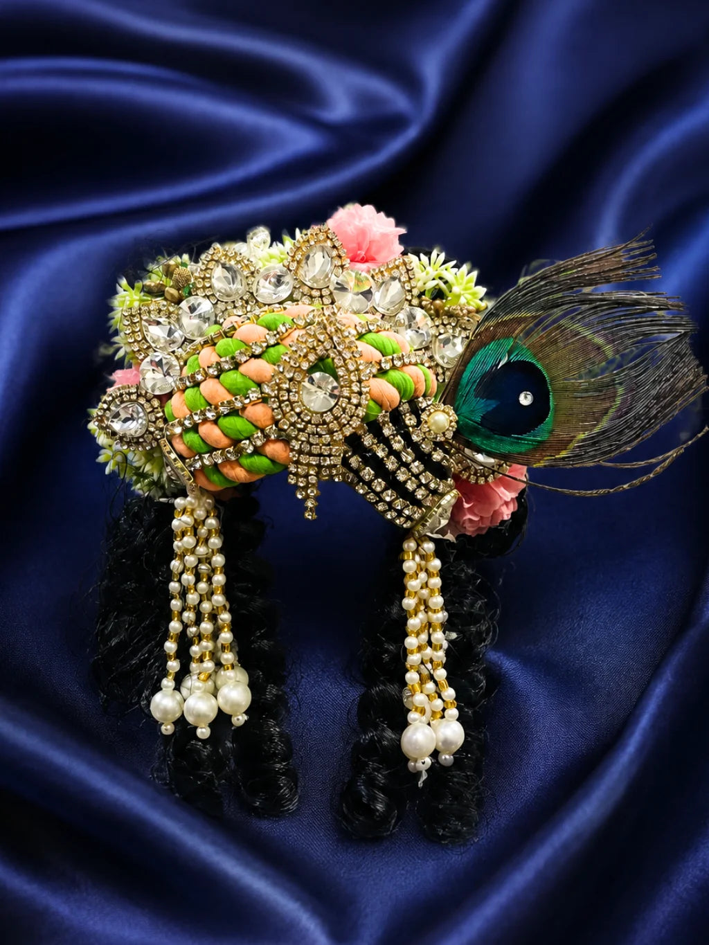 Madhur Ras Mukut with Hair for Krishna Gopal featuring a royal crown and ready-styled hair for complete deity shringar