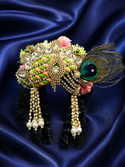 Madhur Ras Mukut with Hair for Krishna Gopal featuring a royal crown and ready-styled hair for complete deity shringar