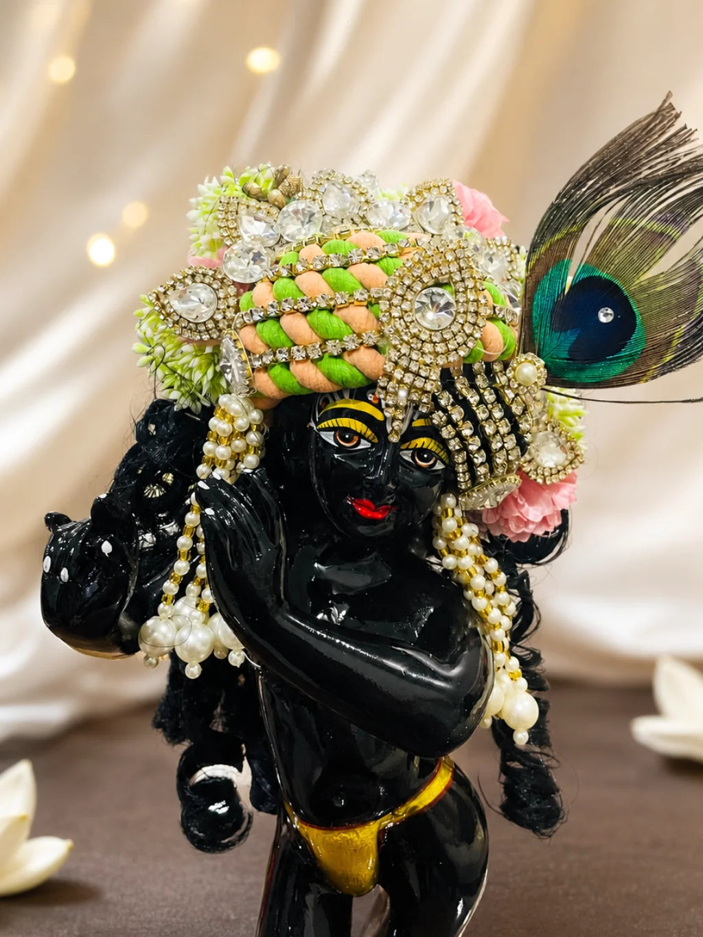 Madhur Ras Mukut with Hair for Krishna Gopal featuring a royal crown and ready-styled hair for complete deity shringar