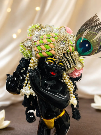 Madhur Ras Mukut with Hair for Krishna Gopal featuring a royal crown and ready-styled hair for complete deity shringar