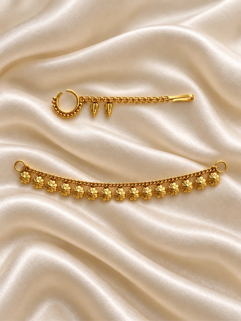 Madhuri Gold Plated Nath & Kamarband Set for Deity with graceful traditional styling. An elegant jewellery set for Radha Rani and festive shringar.