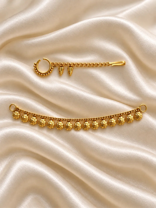 Madhuri Gold Plated Nath & Kamarband Set for Deity with graceful traditional styling. An elegant jewellery set for Radha Rani and festive shringar.