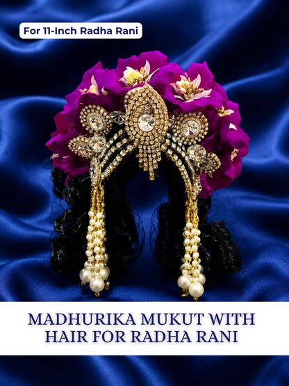 Madhurika Mukut with Hair for Radha Rani featuring an elegant crown and ready-styled hair for complete divine shringar