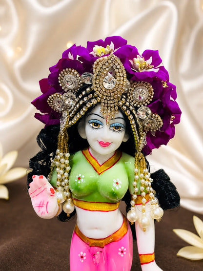 Madhurika Mukut with Hair for Radha Rani featuring an elegant crown and ready-styled hair for complete divine shringar