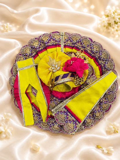 Close Up of Purple Scalloped Metallic Zari Lace on Magenta and Yellow Pleated Laddu Gopal Dress