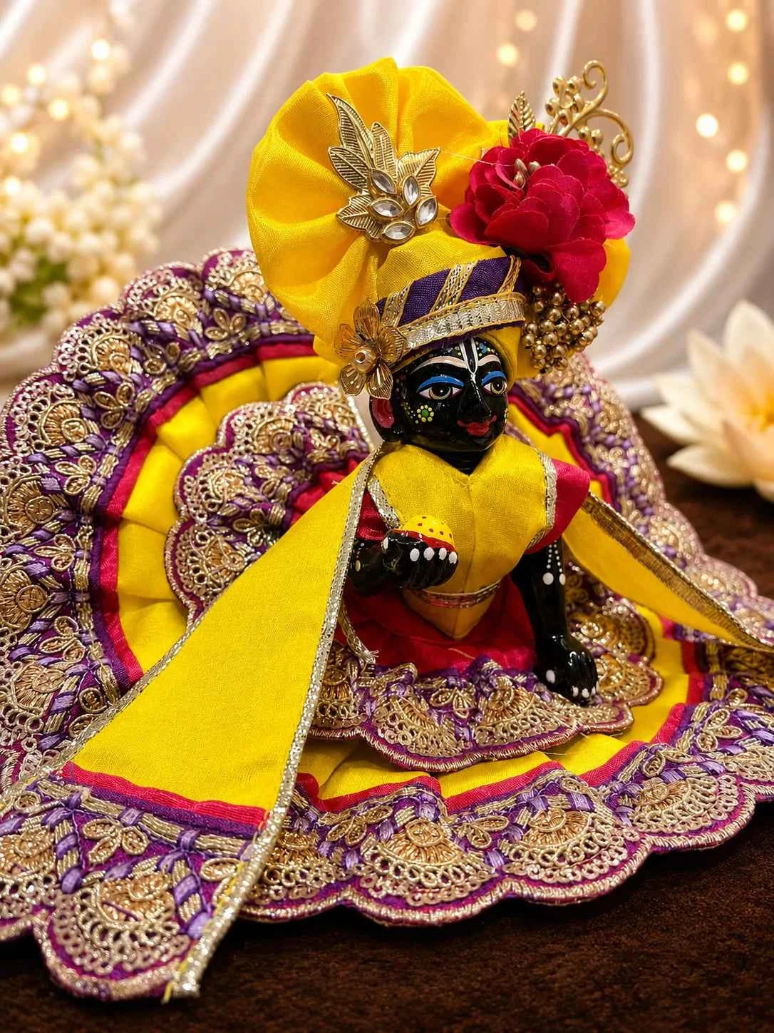 Magenta & Yellow Scalloped Zari Border Laddu Gopal Dress Set