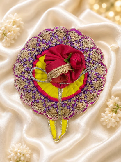 Close Up of Purple Scalloped Metallic Zari Lace on Magenta and Yellow Pleated Laddu Gopal Dress