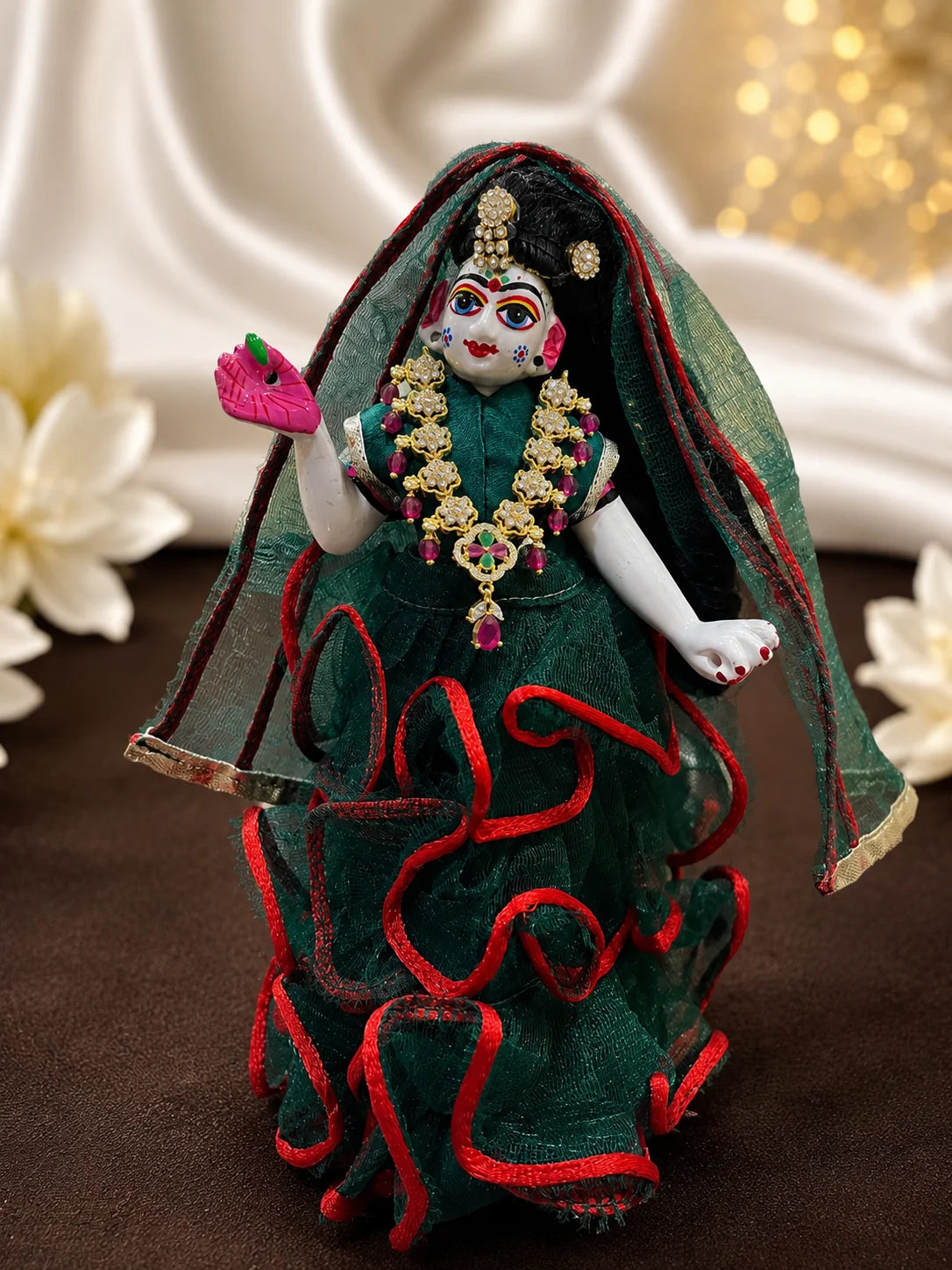 Majestic gold plated floral American Diamond necklace with ruby and emerald stone drops for deity shringar