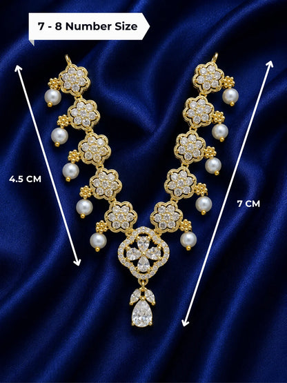 Premium gold touch floral AD stone necklace with white pearl drops for Laddu Gopal Ji deity