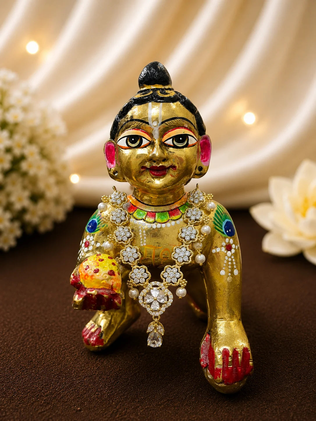 Premium gold touch floral AD stone necklace with white pearl drops for Laddu Gopal Ji deity