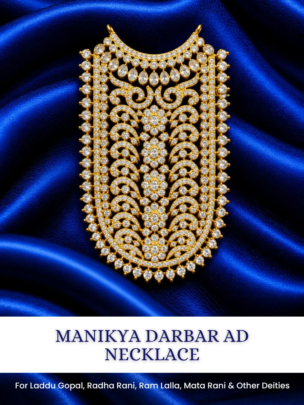Manikya Darbar AD Necklace for Deity with ruby-inspired elegance and sparkling AD stones. Royal shringar jewellery for Laddu Gopal and Radha Rani.
