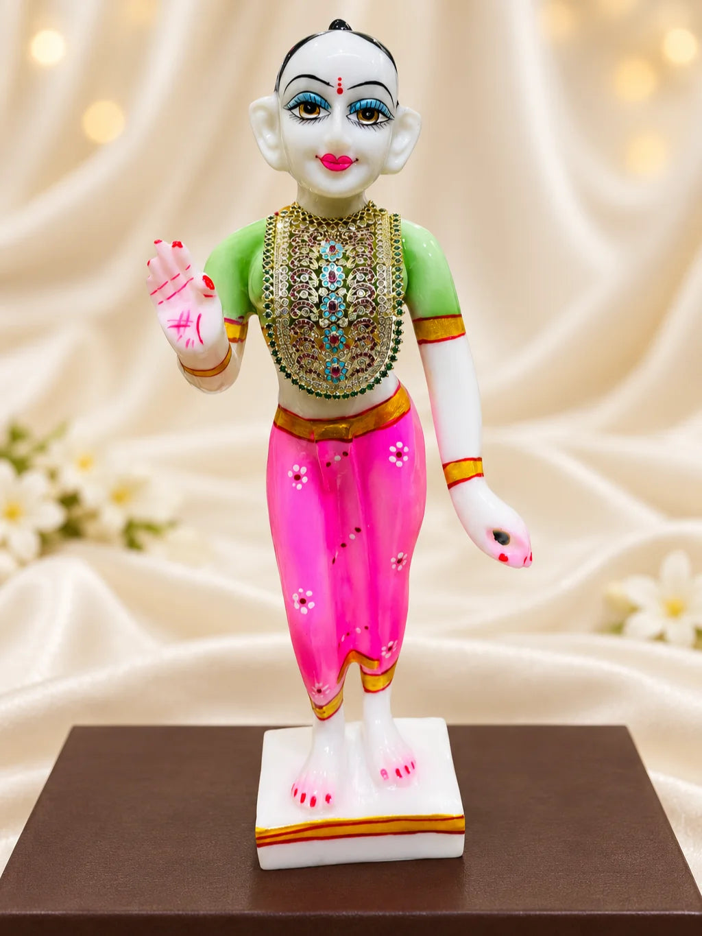 Manikya Darbar AD Necklace for Deity with ruby-inspired elegance and sparkling AD stones. Royal shringar jewellery for Laddu Gopal and Radha Rani.
