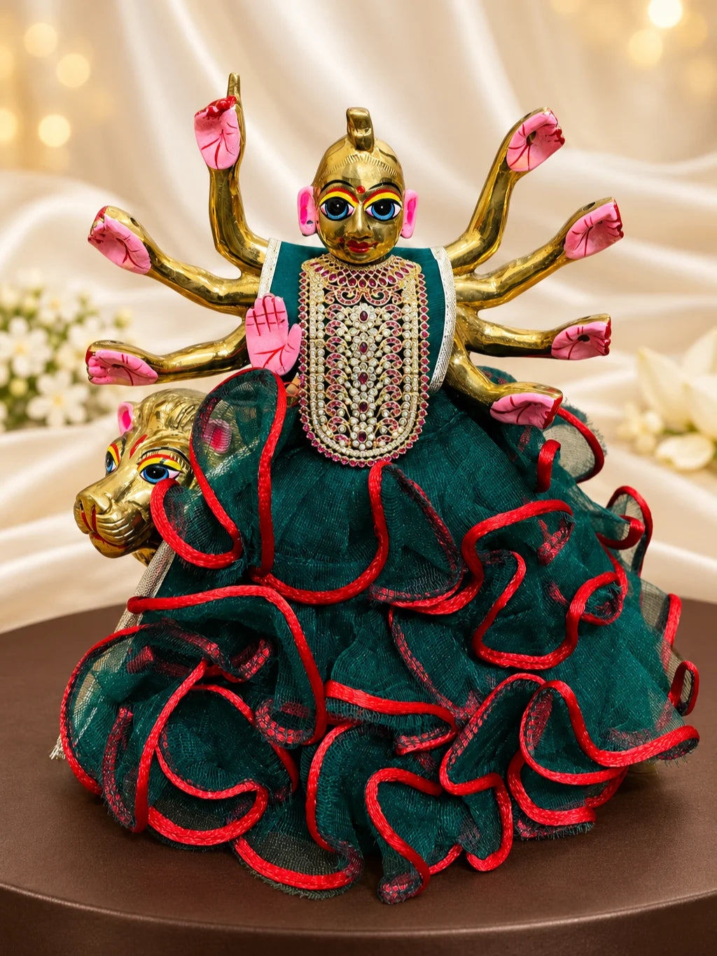 Manikya Darbar AD Necklace for Deity with ruby-inspired elegance and sparkling AD stones. Royal shringar jewellery for Laddu Gopal and Radha Rani.
