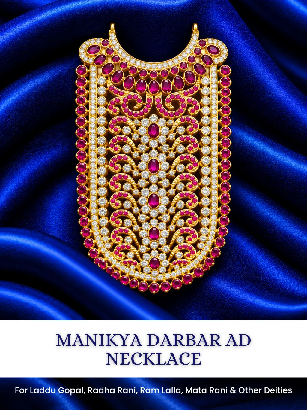 Manikya Darbar AD Necklace for Deity with ruby-inspired elegance and sparkling AD stones. Royal shringar jewellery for Laddu Gopal and Radha Rani.
