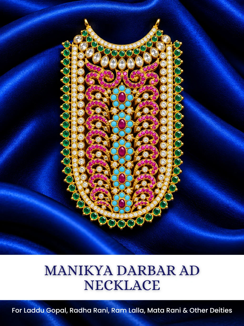 Manikya Darbar AD Necklace for Deity with ruby-inspired elegance and sparkling AD stones. Royal shringar jewellery for Laddu Gopal and Radha Rani.
