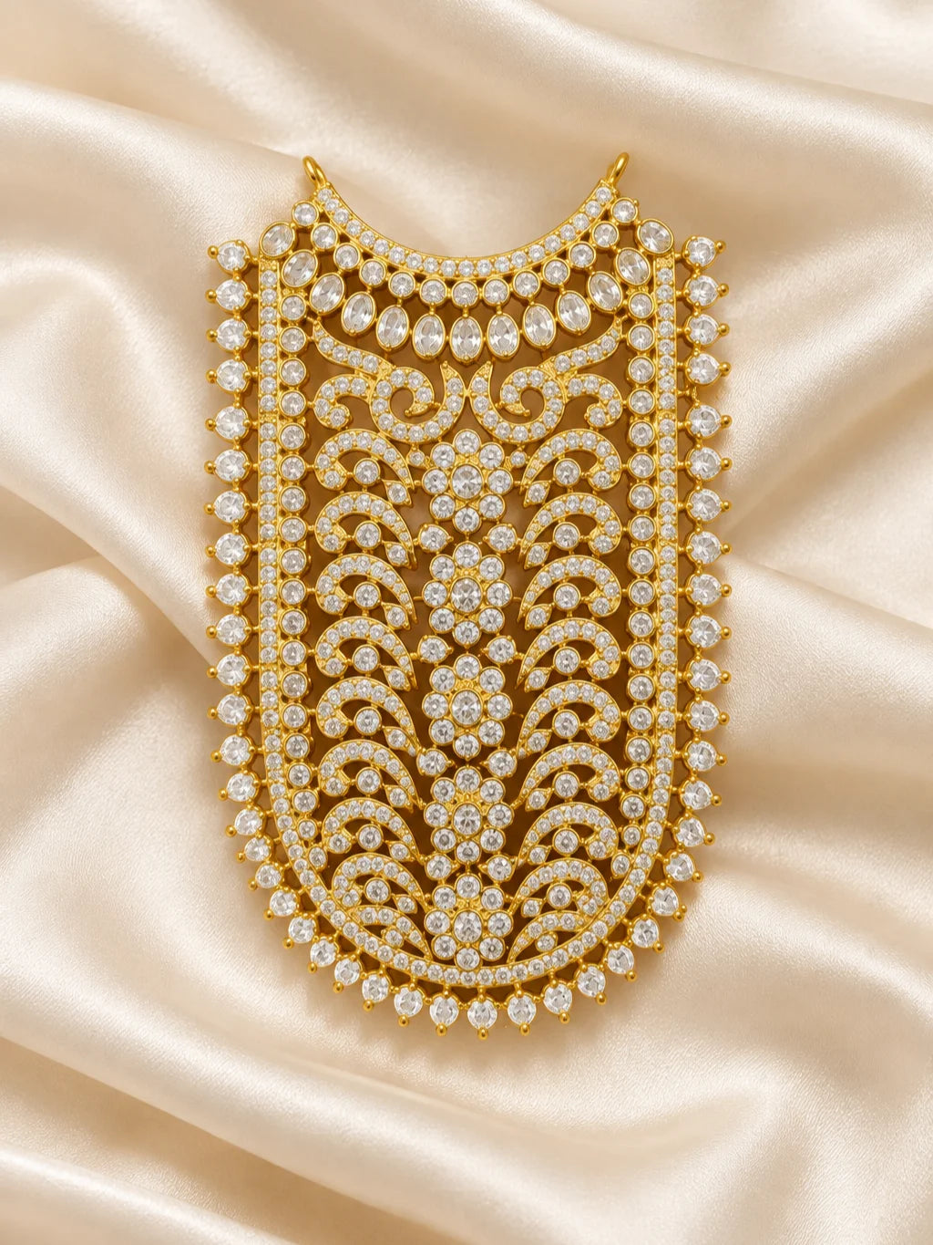 Manikya Darbar AD Necklace for Deity with ruby-inspired elegance and sparkling AD stones. Royal shringar jewellery for Laddu Gopal and Radha Rani.
