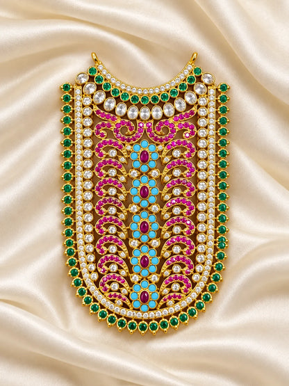 Manikya Darbar AD Necklace for Deity with ruby-inspired elegance and sparkling AD stones. Royal shringar jewellery for Laddu Gopal and Radha Rani.
