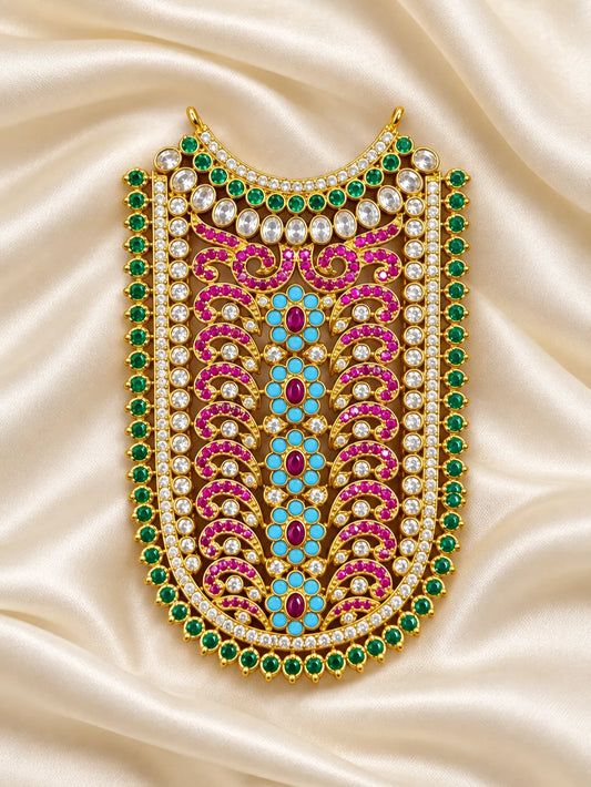 Manikya Darbar AD Necklace for Deity with ruby-inspired elegance and sparkling AD stones. Royal shringar jewellery for Laddu Gopal and Radha Rani.
