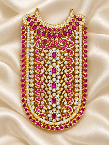 Manikya Darbar AD Necklace for Deity with ruby-inspired elegance and sparkling AD stones. Royal shringar jewellery for Laddu Gopal and Radha Rani.
