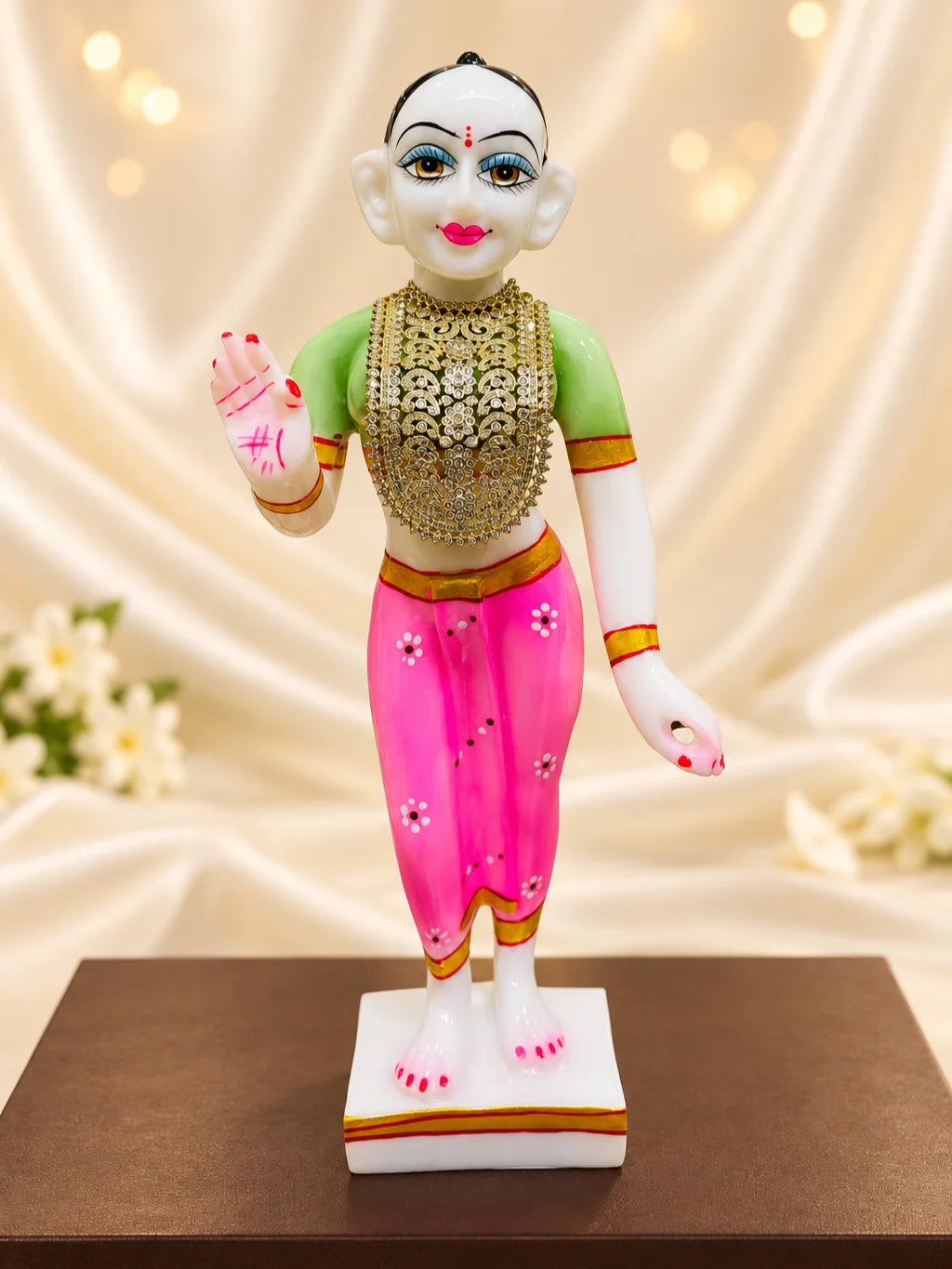 Manikya Darbar AD Necklace for Deity with ruby-inspired elegance and sparkling AD stones. Royal shringar jewellery for Laddu Gopal and Radha Rani.
