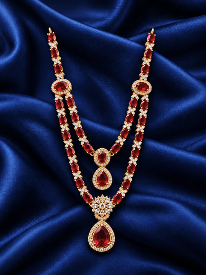 Manikya Kusumavali AD Necklace for Deity featuring ruby-inspired floral ornamentation and sparkling American Diamond detailing for Laddu Gopal and Radha Rani shringar
