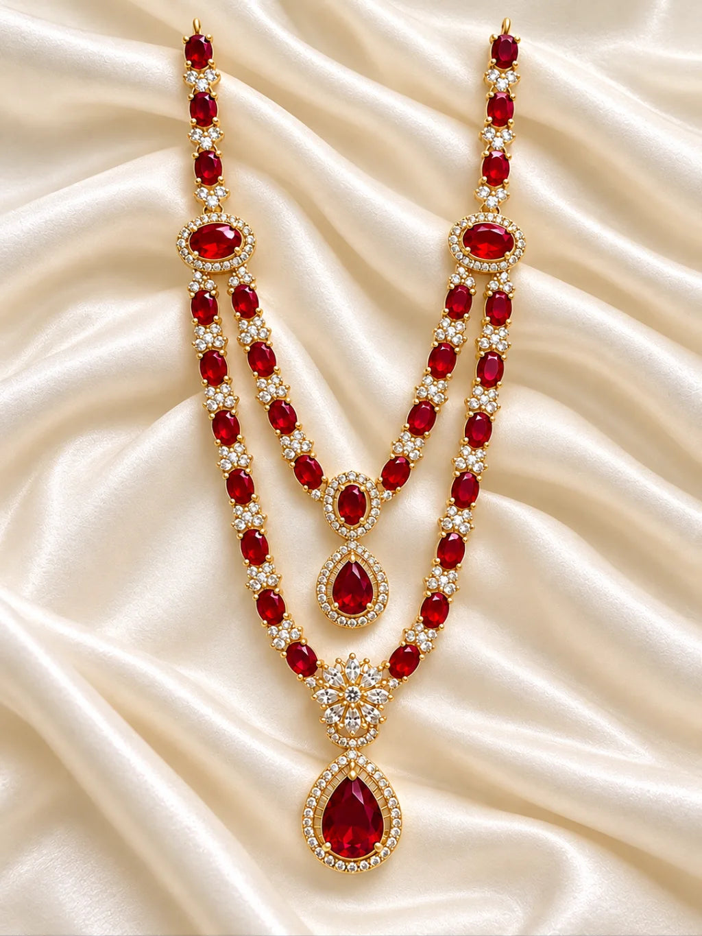 Manikya Kusumavali AD Necklace for Deity featuring ruby-inspired floral ornamentation and sparkling American Diamond detailing for Laddu Gopal and Radha Rani shringar
