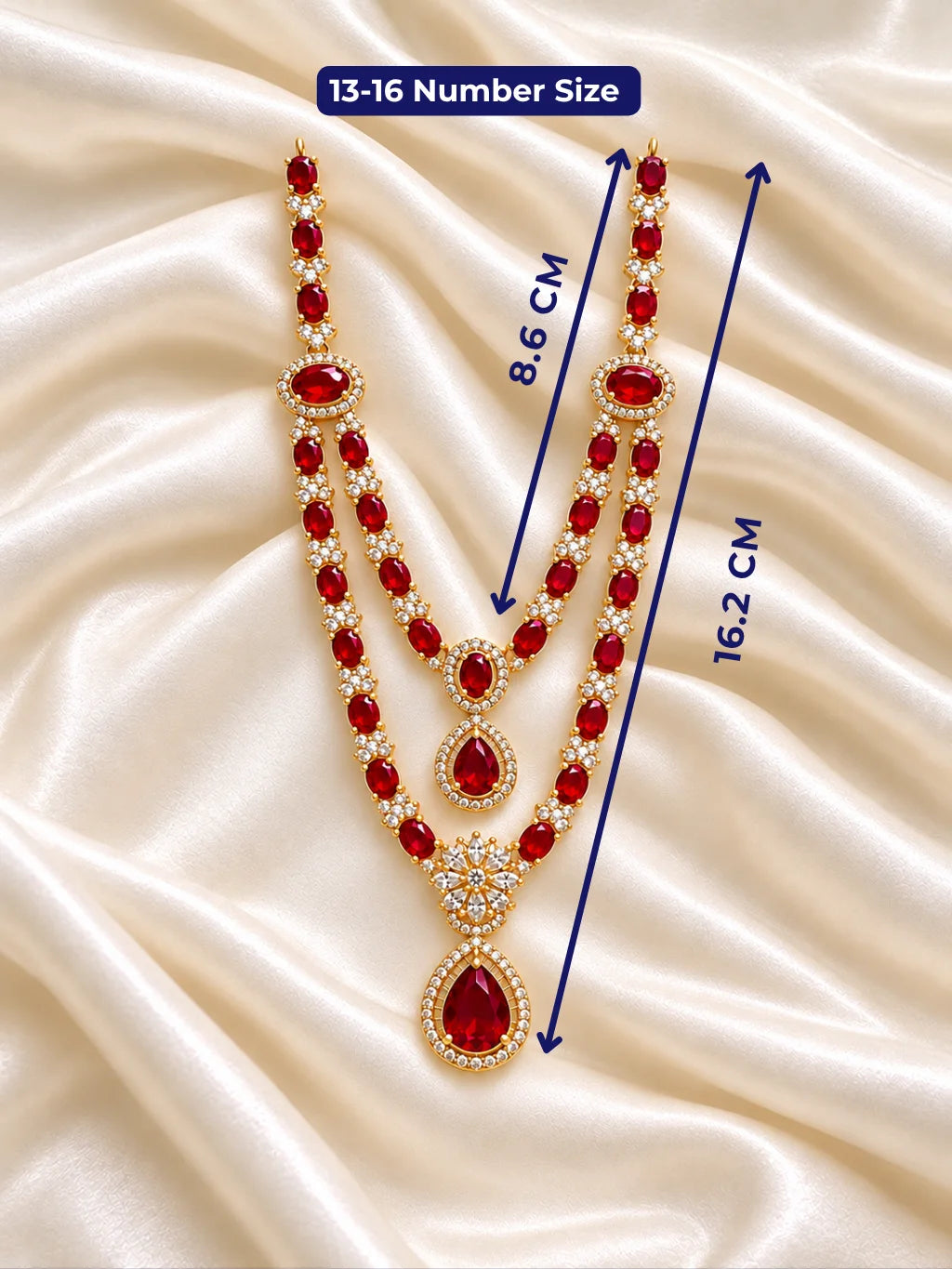 Manikya Kusumavali AD Necklace for Deity featuring ruby-inspired floral ornamentation and sparkling American Diamond detailing for Laddu Gopal and Radha Rani shringar
