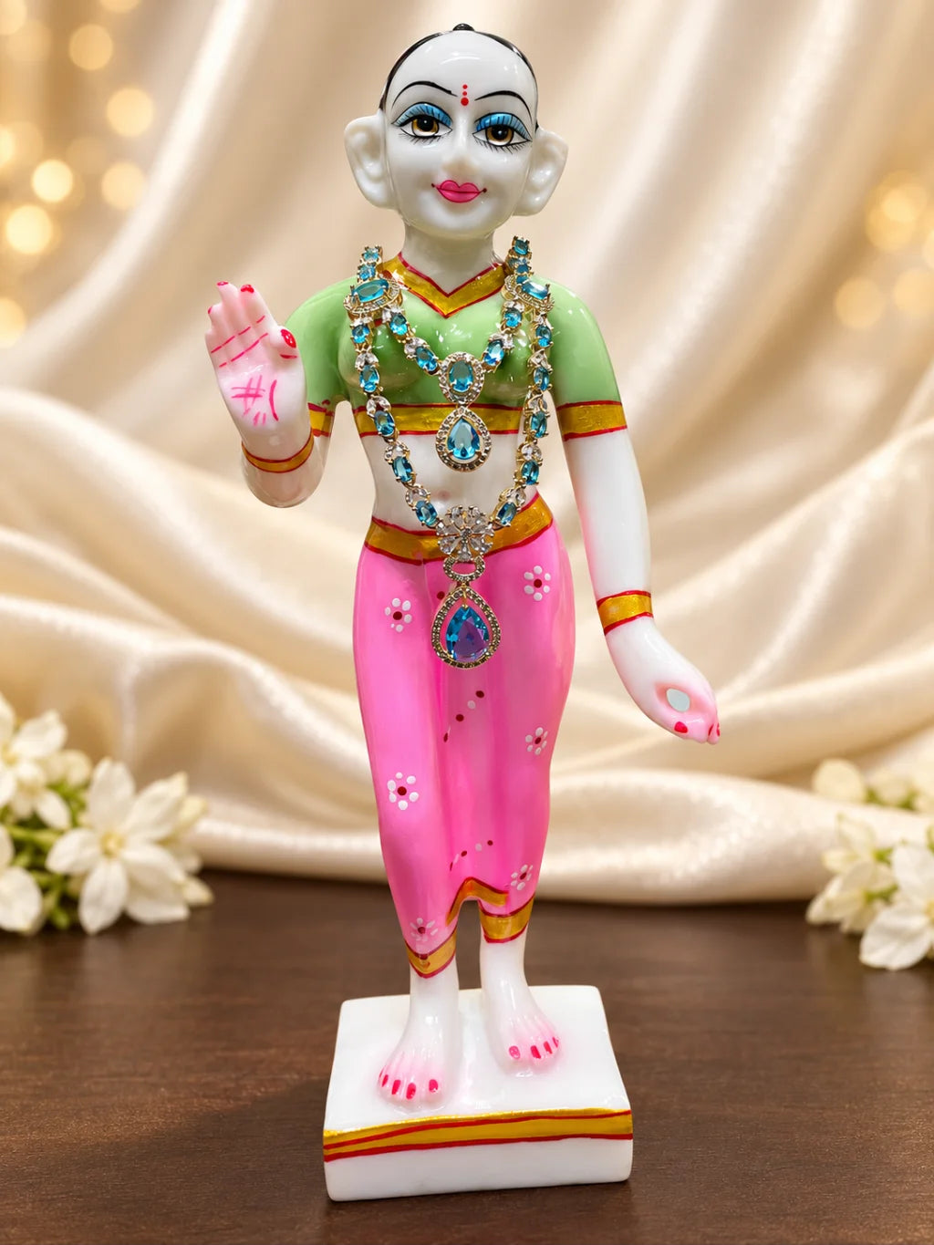 Manikya Kusumavali AD Necklace for Deity featuring ruby-inspired floral ornamentation and sparkling American Diamond detailing for Laddu Gopal and Radha Rani shringar
