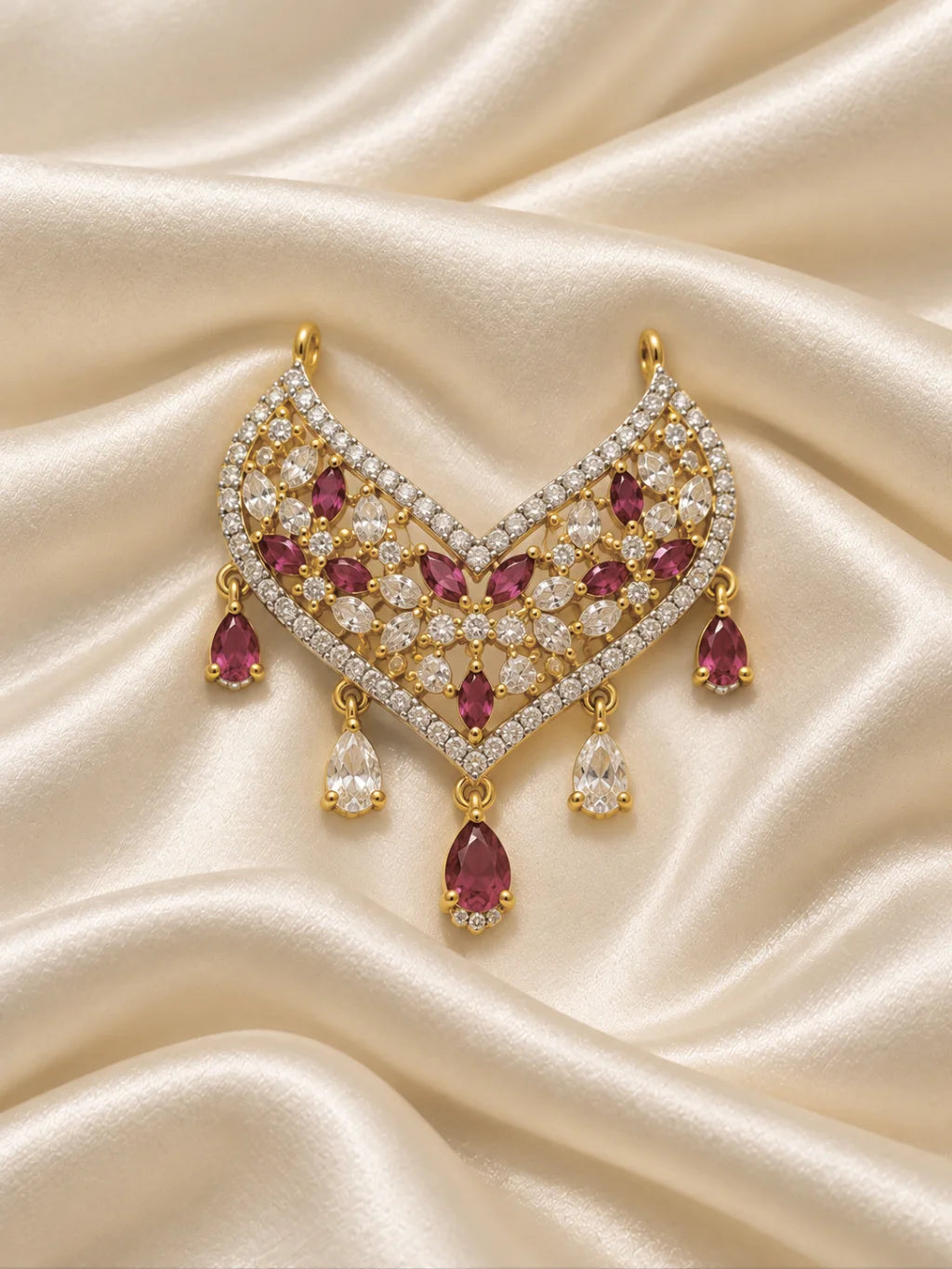 Manikya Pallavi AD Necklace for Deity with ruby-inspired ornamental styling and sparkling American Diamond detailing
