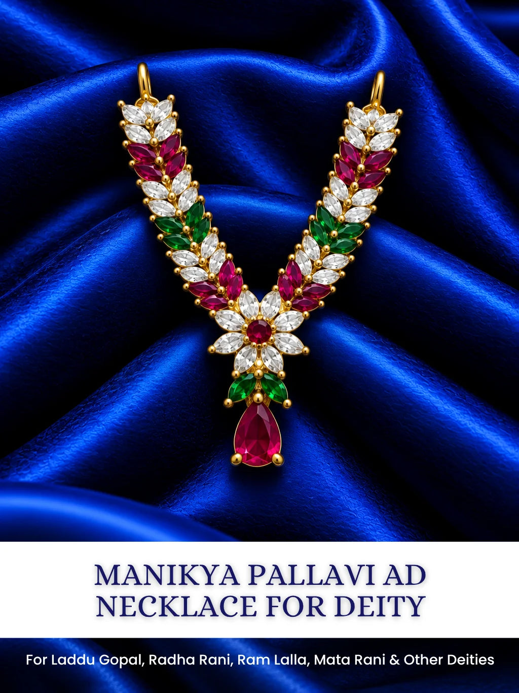 Shop Manikya Pallavi AD Necklace for Deity with ruby-inspired accents and sparkling AD work. A regal jewellery piece for Laddu Gopal and festive shringar.

