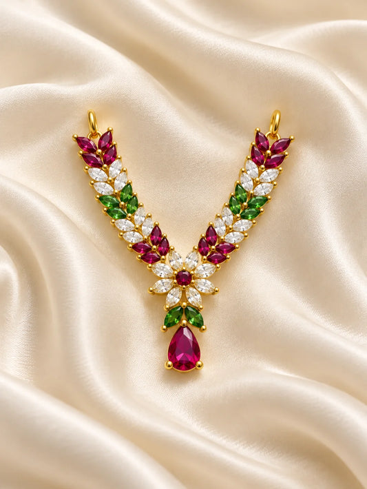 Shop Manikya Pallavi AD Necklace for Deity with ruby-inspired accents and sparkling AD work. A regal jewellery piece for Laddu Gopal and festive shringar.
