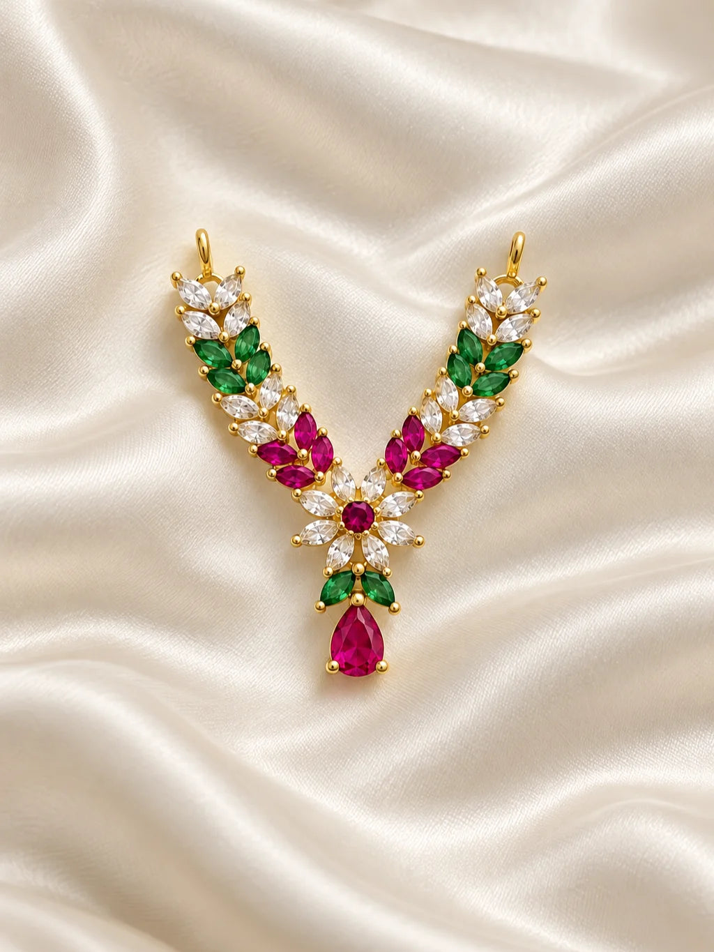 Shop Manikya Pallavi AD Necklace for Deity with ruby-inspired accents and sparkling AD work. A regal jewellery piece for Laddu Gopal and festive shringar.
