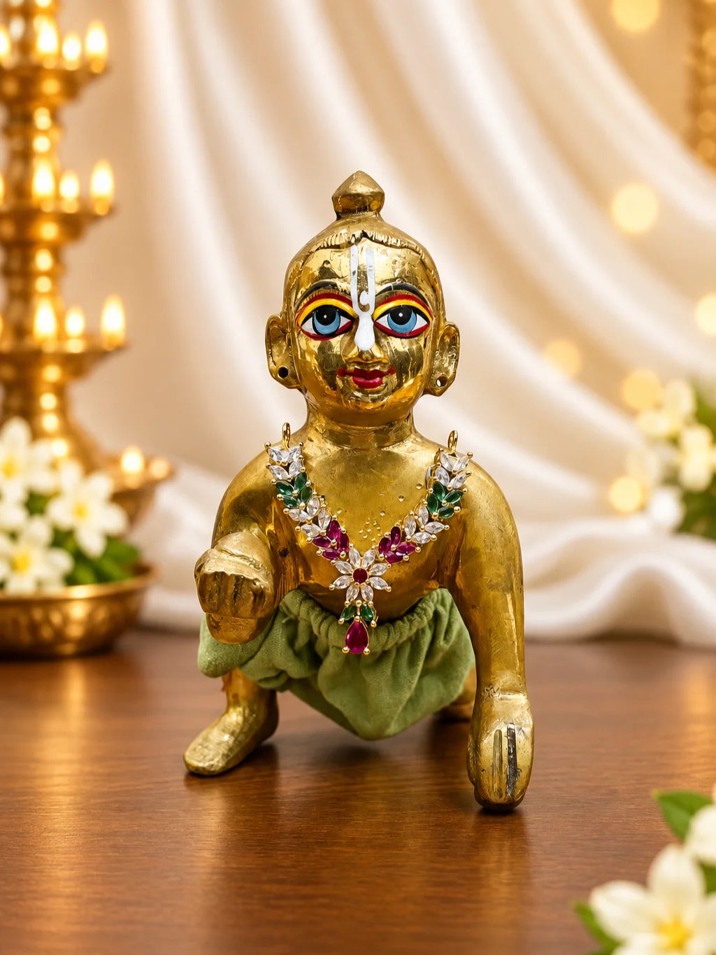 Shop Manikya Pallavi AD Necklace for Deity with ruby-inspired accents and sparkling AD work. A regal jewellery piece for Laddu Gopal and festive shringar.
