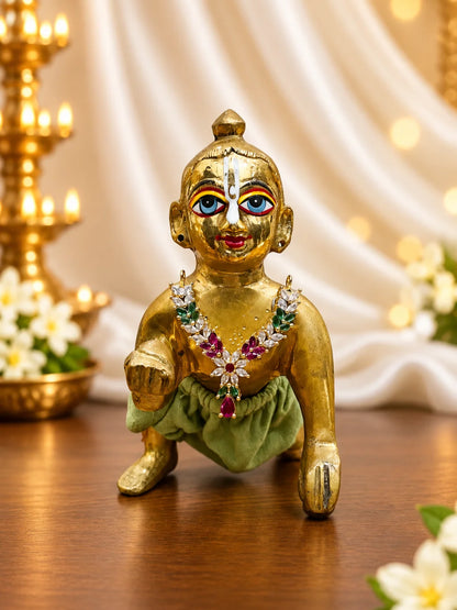 Shop Manikya Pallavi AD Necklace for Deity with ruby-inspired accents and sparkling AD work. A regal jewellery piece for Laddu Gopal and festive shringar.

