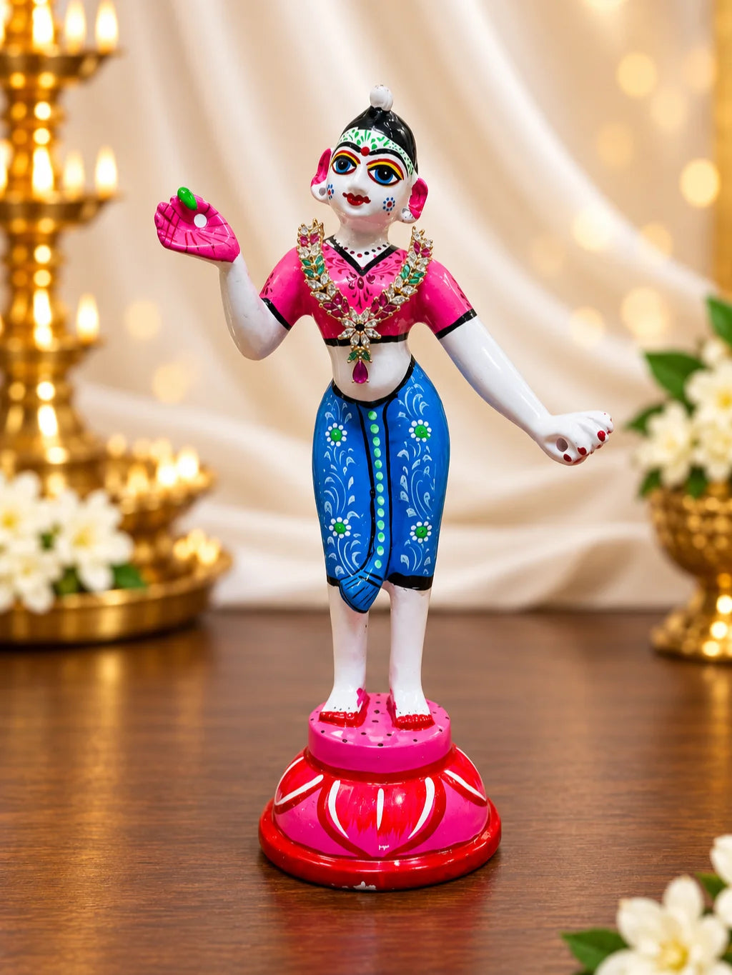 Shop Manikya Pallavi AD Necklace for Deity with ruby-inspired accents and sparkling AD work. A regal jewellery piece for Laddu Gopal and festive shringar.

