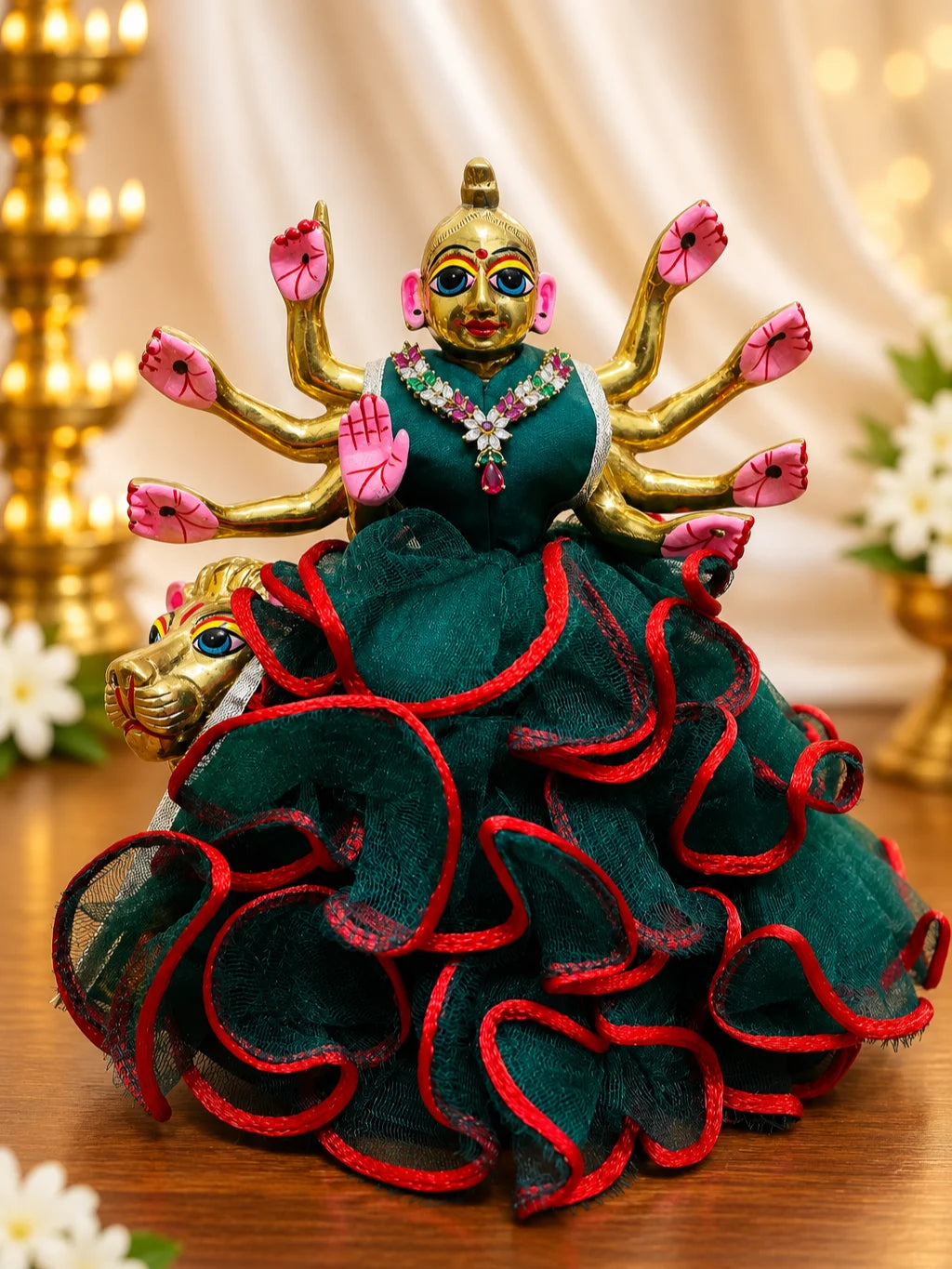 Shop Manikya Pallavi AD Necklace for Deity with ruby-inspired accents and sparkling AD work. A regal jewellery piece for Laddu Gopal and festive shringar.
