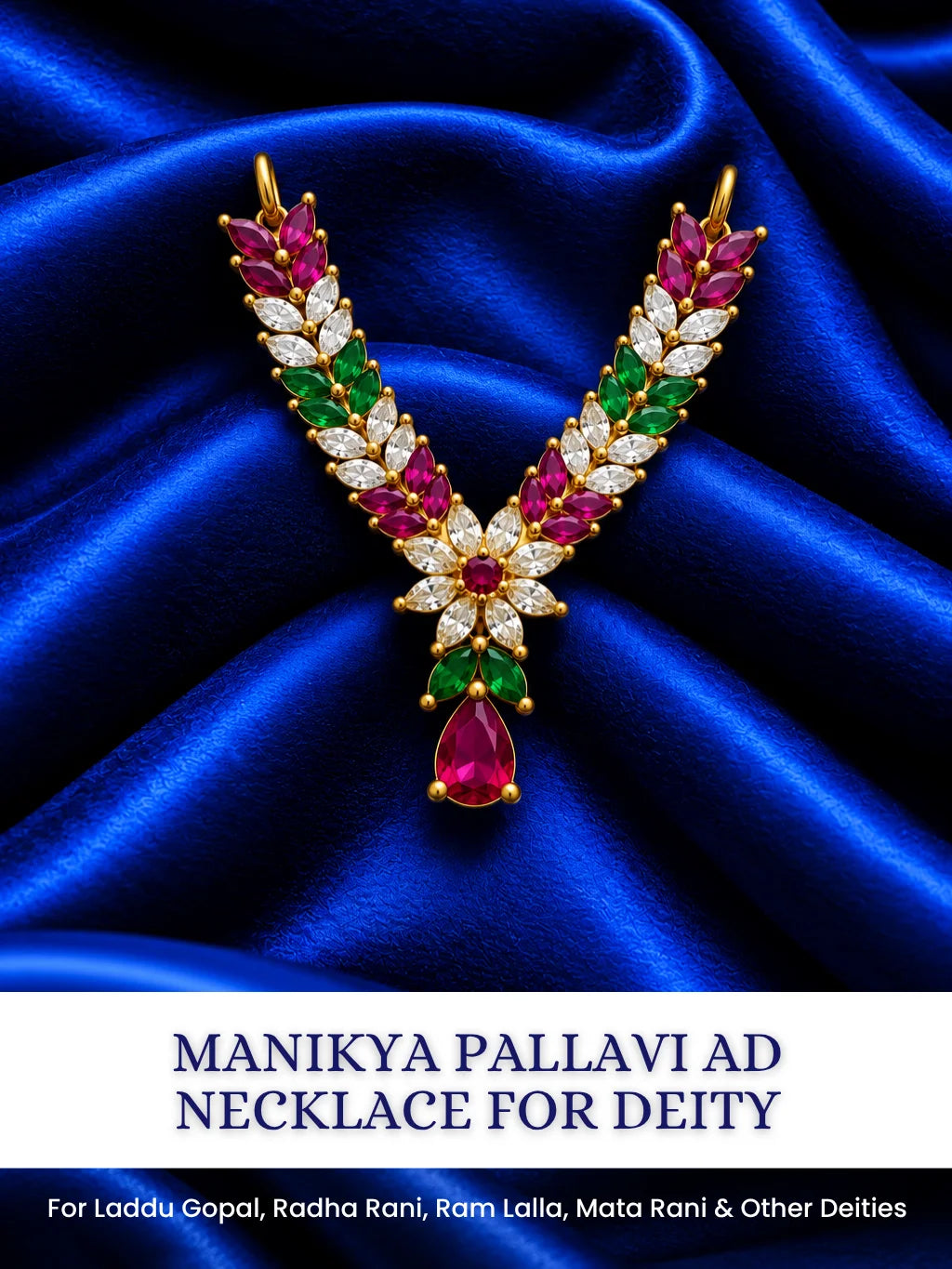 Shop Manikya Pallavi AD Necklace for Deity with ruby-inspired accents and sparkling AD work. A regal jewellery piece for Laddu Gopal and festive shringar.
