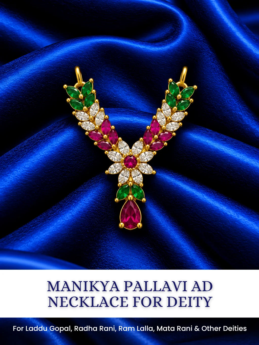 Shop Manikya Pallavi AD Necklace for Deity with ruby-inspired accents and sparkling AD work. A regal jewellery piece for Laddu Gopal and festive shringar.
