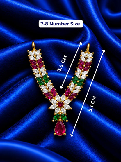 Shop Manikya Pallavi AD Necklace for Deity with ruby-inspired accents and sparkling AD work. A regal jewellery piece for Laddu Gopal and festive shringar.
