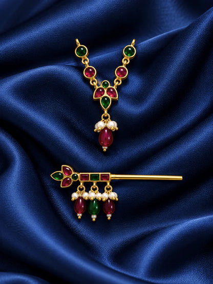 Manikya Panna Madhuri Necklace and Bansuri Set for Deity featuring ruby-red and emerald-green inspired jewellery styling with a matching decorative Krishna flute for Laddu Gopal shringar.
