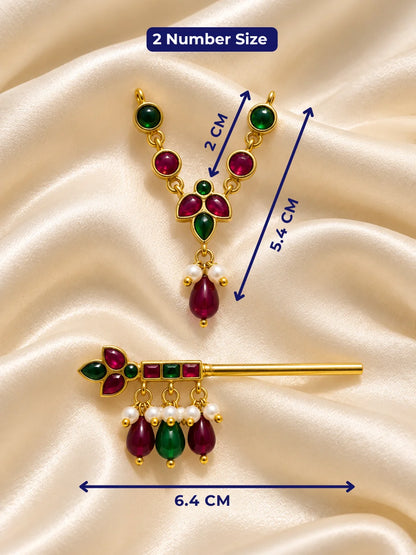 Manikya Panna Madhuri Necklace and Bansuri Set for Deity featuring ruby-red and emerald-green inspired jewellery styling with a matching decorative Krishna flute for Laddu Gopal shringar.
