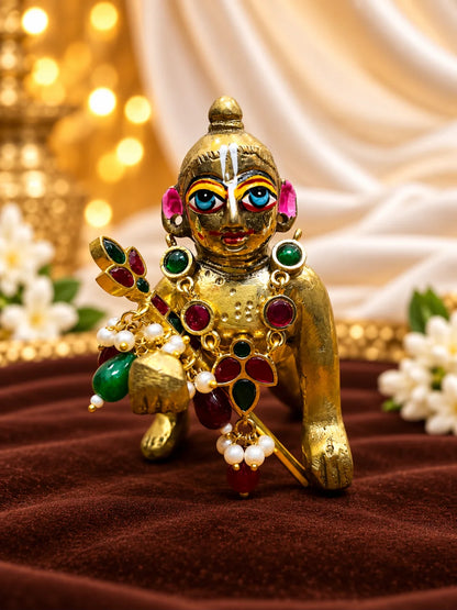 Manikya Panna Madhuri Necklace and Bansuri Set for Deity featuring ruby-red and emerald-green inspired jewellery styling with a matching decorative Krishna flute for Laddu Gopal shringar.
