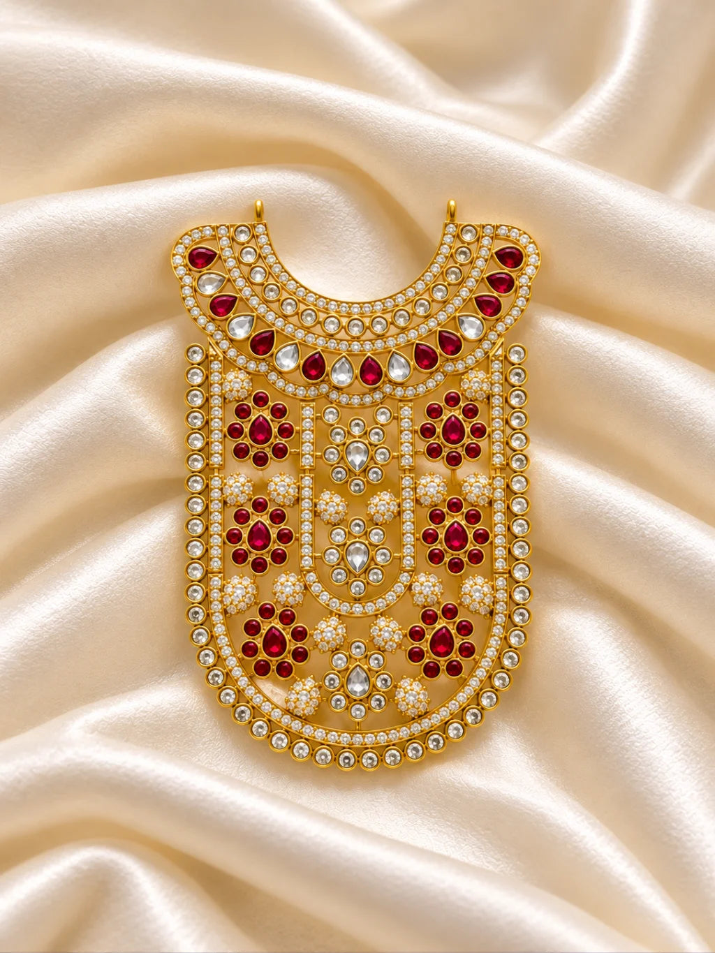 Manikya Rajshree AD Necklace for Deity with ruby-inspired accents and sparkling American Diamond detailing
