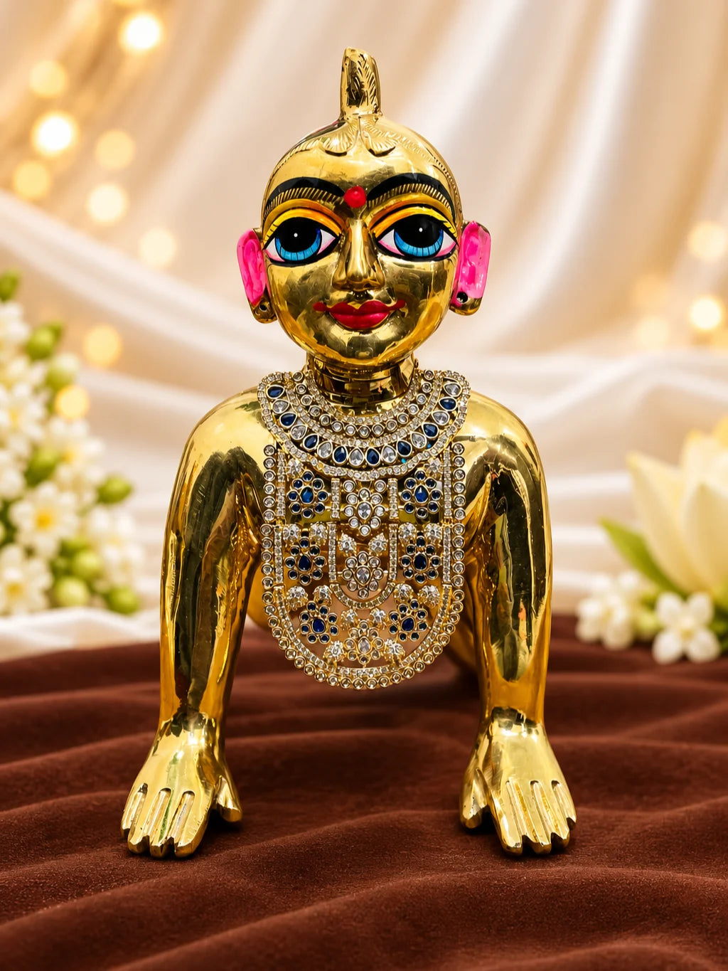 Manikya Rajshree AD Necklace for Deity with ruby-inspired accents and sparkling American Diamond detailing
